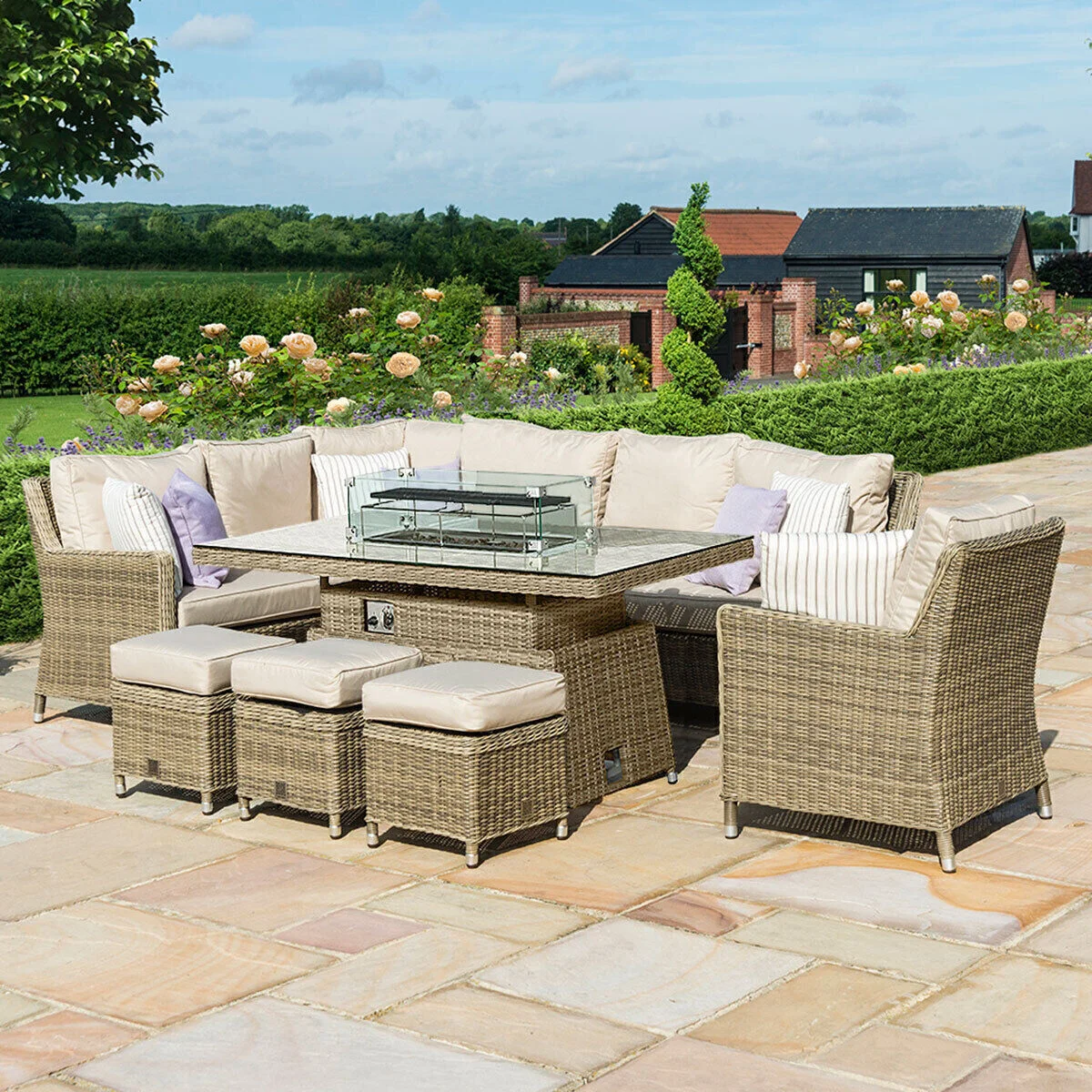 Winchester Corner Rattan Dining Set with Fire Pit Rising Table and Armchair